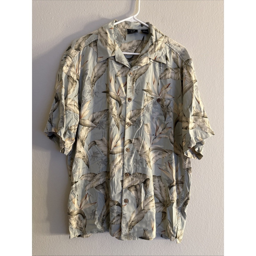 WFF Men's Hawaiian Short Sleeve 100% Silk Shirt Floral Print Blue/Tan Size Large